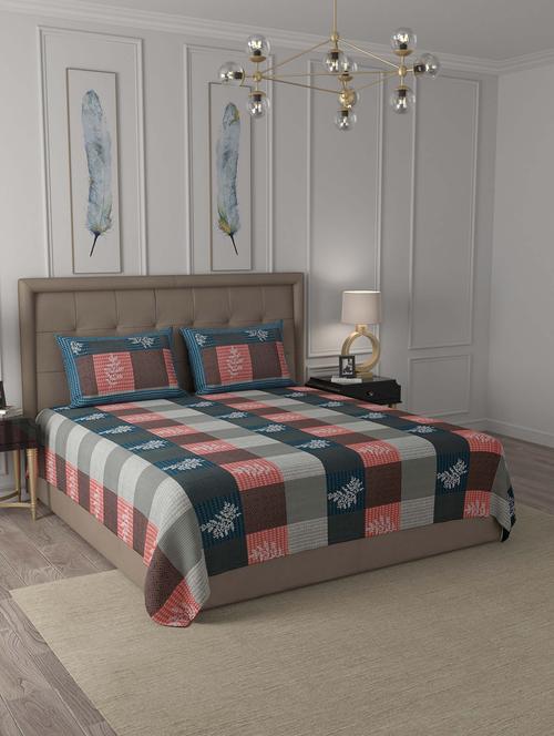 jaipur fabric square green peach checkered floral cotton king size bedsheet 2 pillow covers - 18627392 - Very Small Image - 1