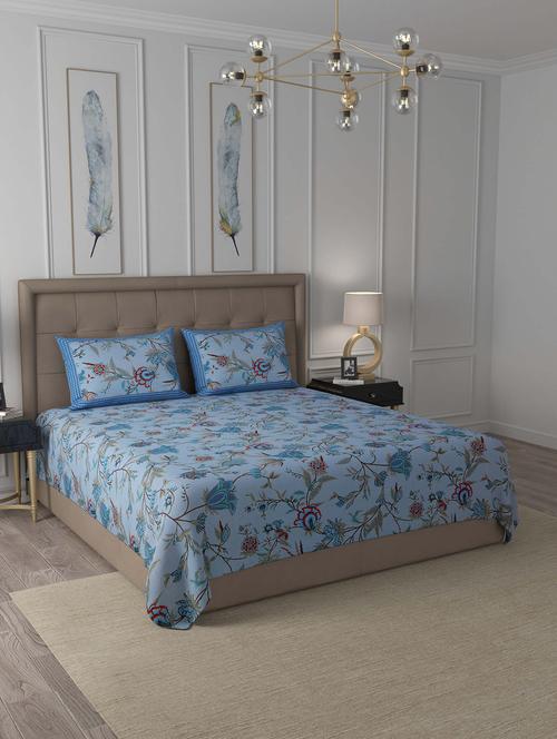 jaipur fabric blue floral cotton king size bedsheet 2 pillow covers - 18627396 - Very Small Image - 1