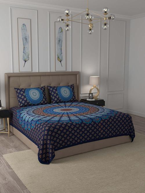 jaipur fabric blue mandala cotton double bedsheet with 2 pillow covers - 18627402 - Very Small Image - 1