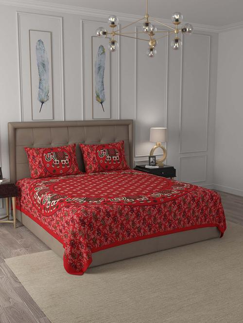 jaipur fabric red elephant mandala cotton double bedsheet with 2 pillow covers - 18627408 - Very Small Image - 1