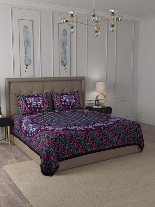 jaipur fabric violet elephant mandala cotton double bedsheet with 2 pillow covers - 18627411 - Very Small Image - 1
