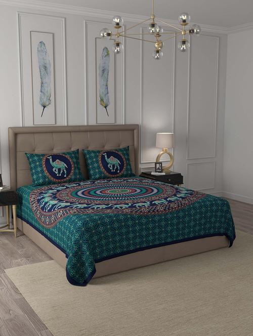jaipur fabric green camel mandala cotton double bedsheet with 2 pillow covers - 18627414 - Very Small Image - 1