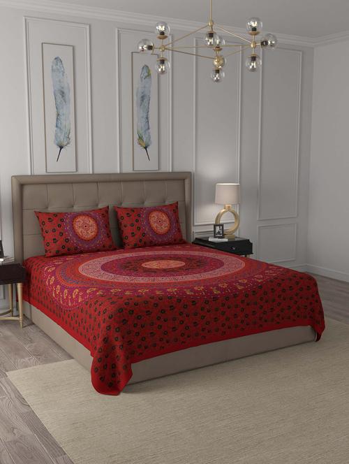 jaipur fabric red rangoli mandala cotton double bedsheet with 2 pillow covers - 18627418 - Very Small Image - 1