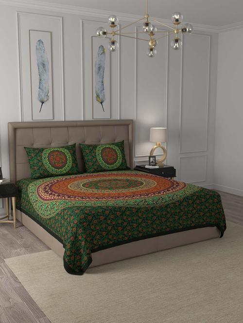 jaipur fabric green rangoli mandala cotton double bedsheet with 2 pillow covers - 18627419 - Very Small Image - 1
