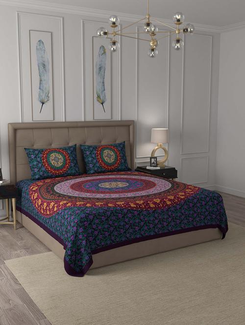 jaipur fabric violet rangoli mandala cotton double bedsheet with 2 pillow covers - 18627421 - Very Small Image - 1