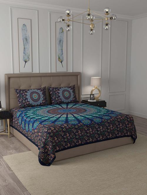 jaipur fabric blue peacock feather mandala cotton double bedsheet with 2 pillow covers - 18627422 - Very Small Image - 1