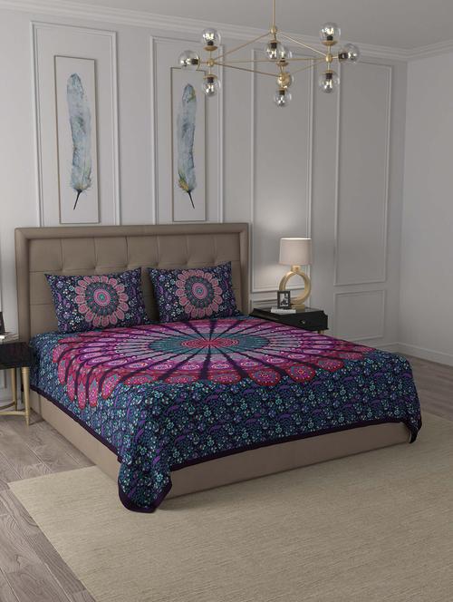 jaipur fabric violet peacock feather mandala cotton double bedsheet with 2 pillow covers - 18627426 - Very Small Image - 1