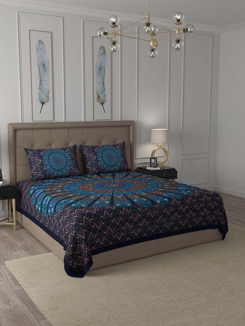 jaipur fabric blue zigzag mandala cotton double bedsheet with 2 pillow covers - 18627427 - Very Small Image - 1