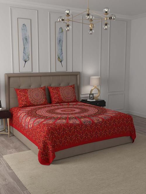 jaipur fabric red zigzag mandala cotton double bedsheet with 2 pillow covers - 18627428 - Very Small Image - 1