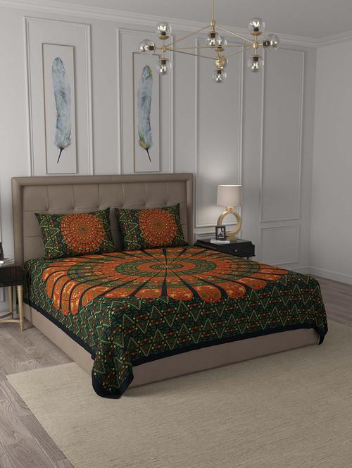 jaipur fabric green zigzag mandala cotton double bedsheet with 2 pillow covers - 18627429 - Very Small Image - 1