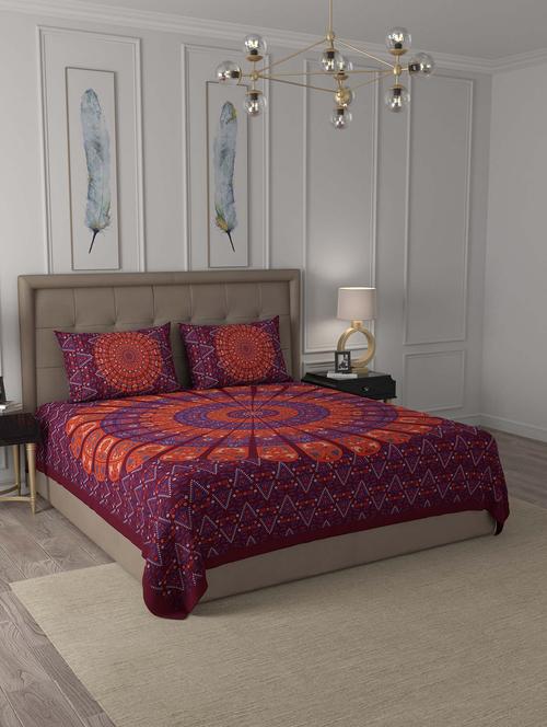 jaipur fabric maroon zigzag mandala cotton double bedsheet with 2 pillow covers - 18627430 - Very Small Image - 1