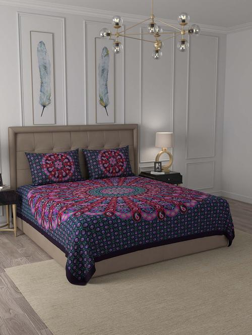 jaipur fabric violet paisley mandala cotton double bedsheet with 2 pillow covers - 18627436 - Very Small Image - 1
