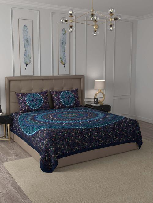 jaipur fabric blue shahi barat mandala cotton double bedsheet with 2 pillow covers - 18627437 - Very Small Image - 1