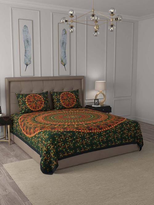jaipur fabric green shahi barat mandala cotton double bedsheet with 2 pillow covers - 18627439 - Very Small Image - 1