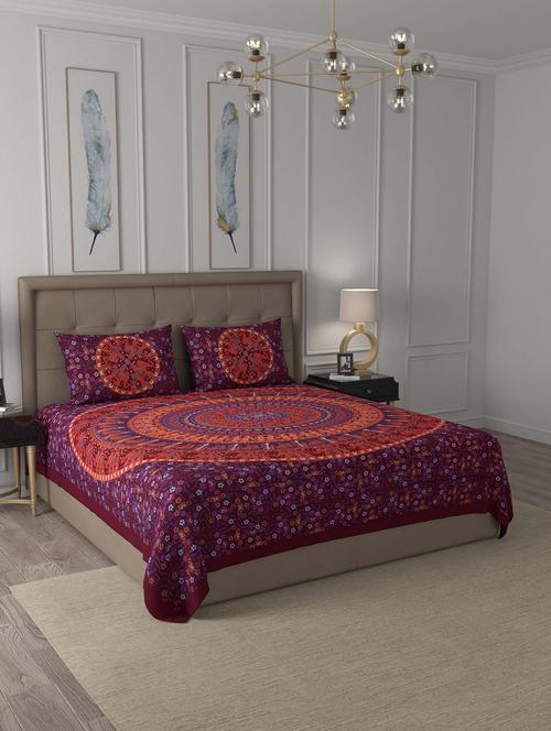 jaipur fabric maroon shahi barat mandala cotton double bedsheet with 2 pillow covers - 18627440 - Very Small Image - 1