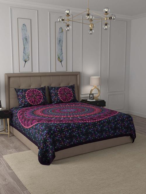 jaipur fabric violet shahi barat mandala cotton double bedsheet with 2 pillow covers - 18627441 - Very Small Image - 1