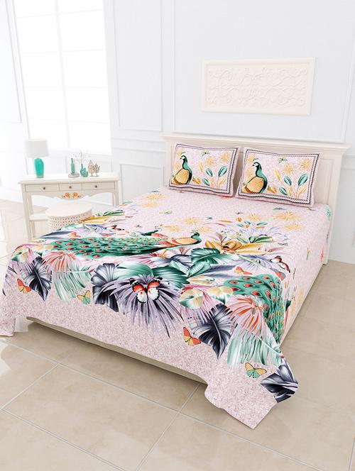 jaipur fabric peacock green digital print luxury cotton king size bedsheet with 2 pillow covers - 18627456 - Very Small Image - 1