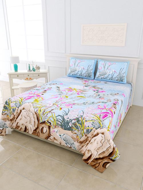 jaipur fabric deep sea blue pink digital print luxury cotton king size bedsheet with 2 pillow covers - 18627457 - Very Small Image - 1