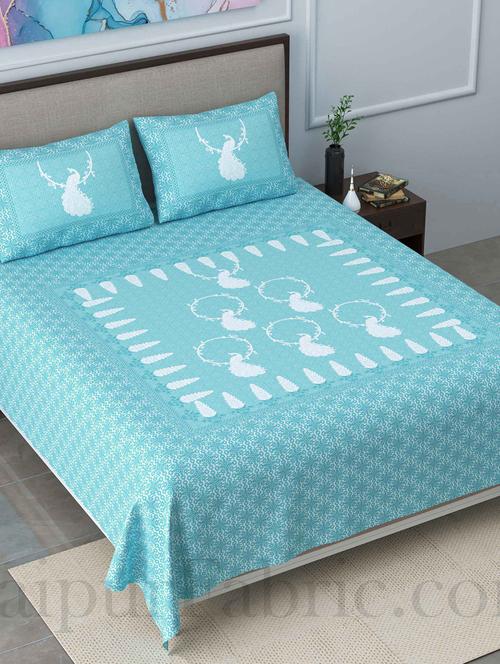 jaipur fabric cool pastel peacock blue king size pure cotton bedsheet with 2 pillow covers - 18627460 - Very Small Image - 1