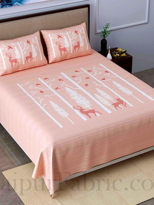 jaipur fabric forest deer pastel peach king size pure cotton bedsheet with 2 pillow covers - 18627466 - Very Small Image - 1
