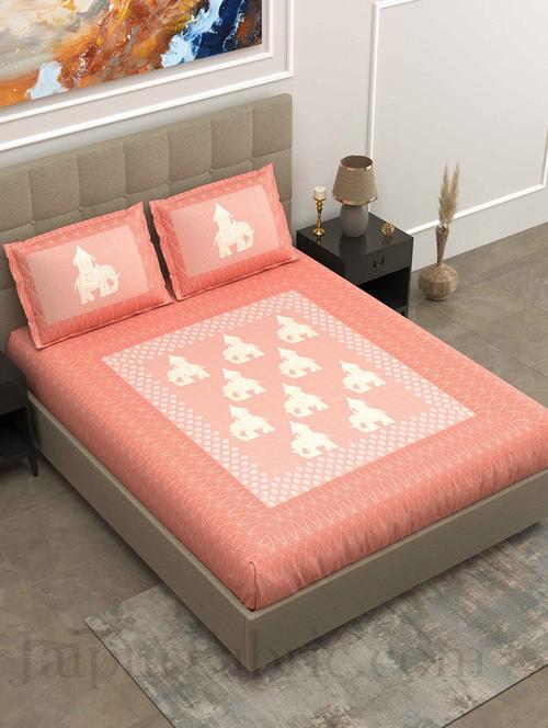 jaipur fabric the elephant king peach king size pure cotton bedsheet with 2 pillow covers - 18627471 - Very Small Image - 1