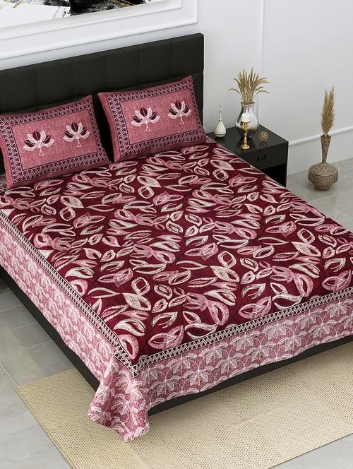 jaipur fabric procian print leaves pink maroon pure cotton king size bedsheet with 2 pillow covers - 18627491 - Very Small Image - 1