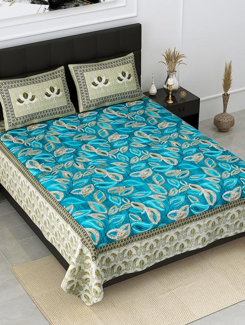 jaipur fabric procian print leaves green blue pure cotton king size bedsheet with 2 pillow covers - 18627492 - Very Small Image - 1