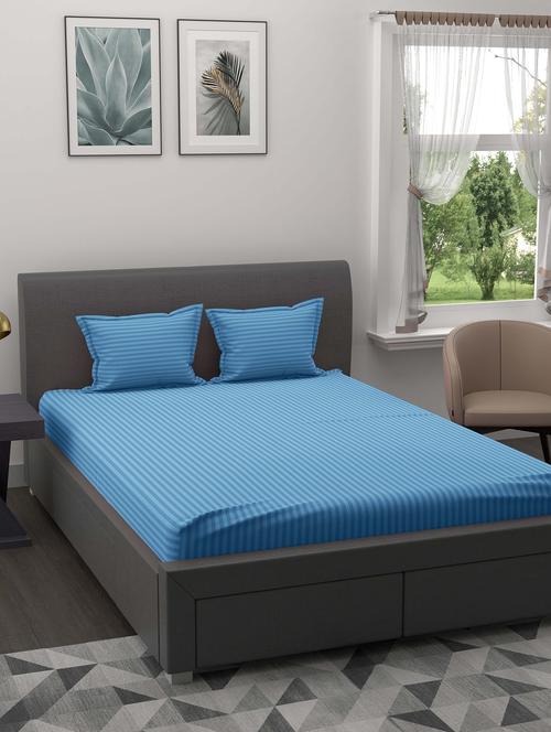 jaipur fabric sky blue satin stripes double bedsheet with 2 pillow covers - 18627496 - Very Small Image - 1