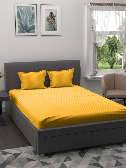 jaipur fabric mango yellow satin stripes double bedsheet with 2 pillow covers - 18627497 - Very Small Image - 1