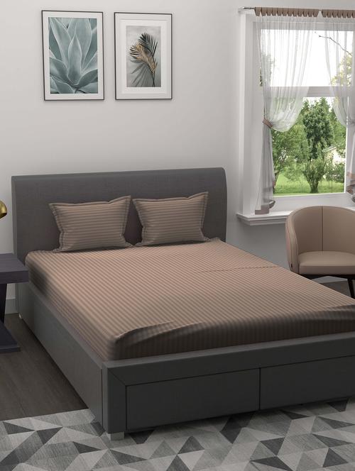 jaipur fabric light brown satin stripes double bedsheet with 2 pillow covers - 18627498 - Very Small Image - 1