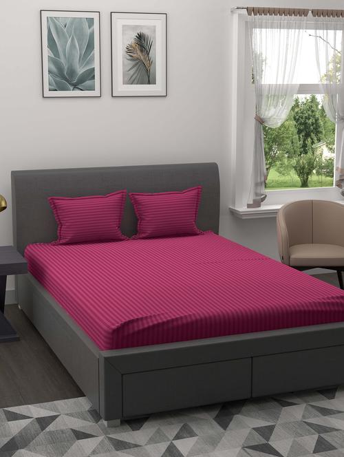 jaipur fabric dark pink satin stripes double bedsheet with 2 pillow covers - 18627499 - Very Small Image - 1