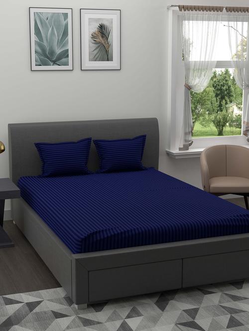 jaipur fabric navy blue satin stripes double bedsheet with 2 pillow covers - 18627503 - Very Small Image - 1