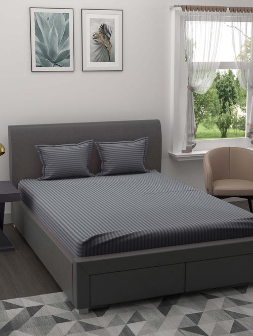 jaipur fabric silver grey satin stripes double bedsheet with 2 pillow covers - 18627505 - Very Small Image - 1