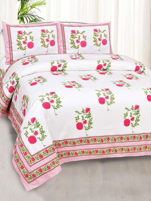 rani pink cherry blossom super fine cotton block print king size bedsheet with 2 pillow covers - 18627514 - Very Small Image - 1