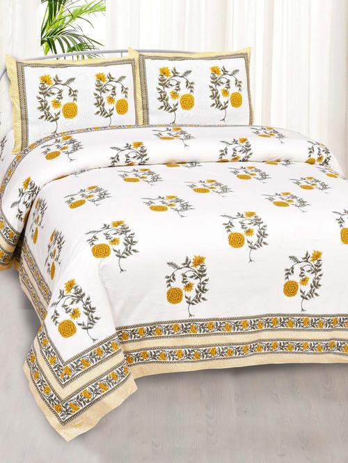 mustard yellow cherry blossom super fine cotton block print king size bedsheet with 2 pillow covers - 18627515 - Very Small Image - 1