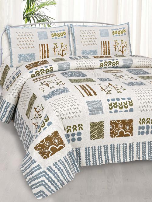 designer art silver multi patch print premium cotton king size bedsheet with 2 pillow covers - 18627561 - Very Small Image - 1