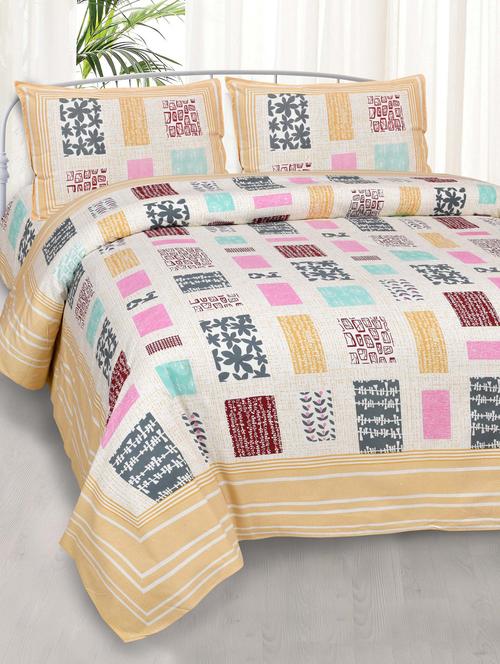 abstract art yellow patchwork print luxury cotton king size bedsheet with 2 pillow covers - 18627567 - Very Small Image - 1