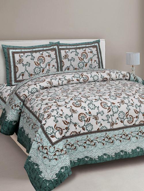 royal heritage seagreen pure cotton double bedsheet with 2 pillow covers - 18627608 - Very Small Image - 1