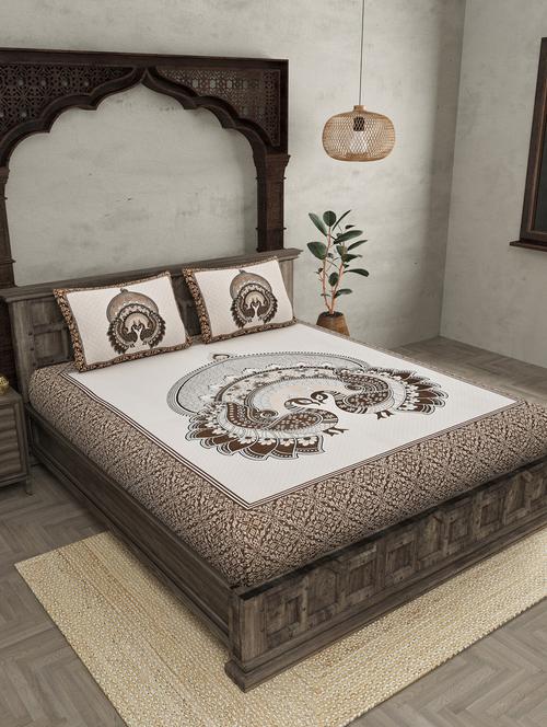 royal jaipur fabric mocha pure cotton double bedsheet with 2 pillow covers - 18627648 - Very Small Image - 1