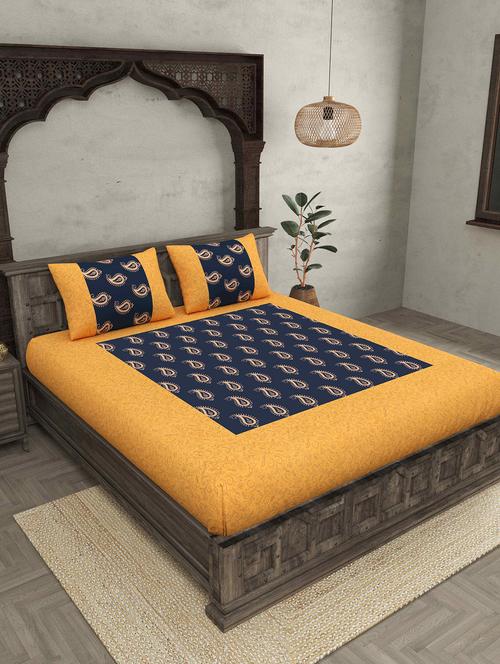 patola gold navy blue paisley festive cotton bedsheet with 2 pillow covers - 18627687 - Very Small Image - 1