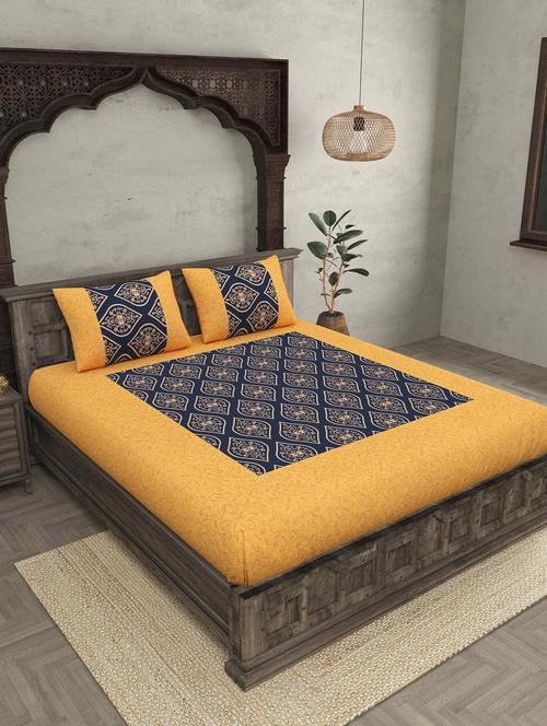 patola gold navy blue jaal festive cotton bedsheet with 2 pillow covers - 18627693 - Very Small Image - 1