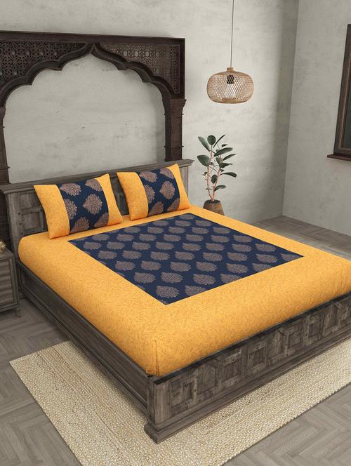 patola gold navy blue paan festive cotton bedsheet with 2 pillow covers - 18627695 - Very Small Image - 1
