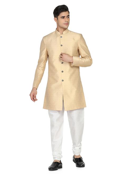 golden solid ethnic wear sherwani set - 18629089 - Very Small Image - 1