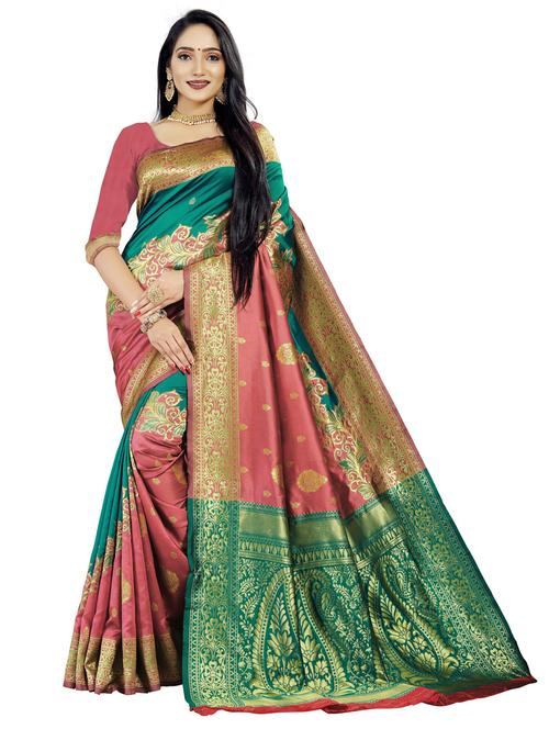 golden self design jacquard work saree with blouse - 18629485 - Very Small Image - 1