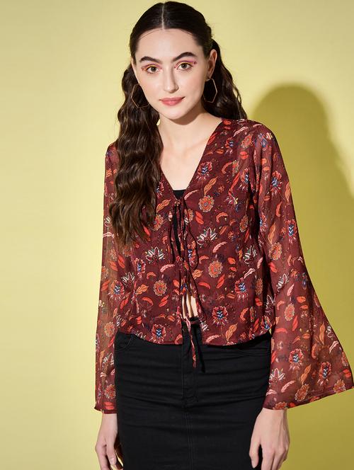 tie front bell sleeved printed shrug - 18634015 - Very Small Image - 1