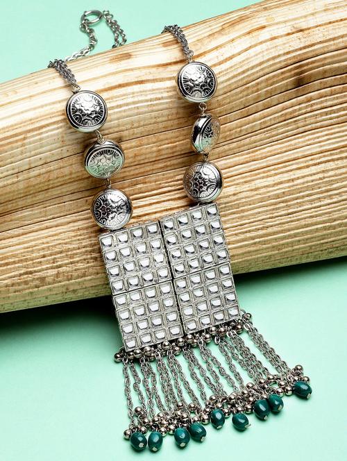 karatcart oxidised silver green tumble kundan long rani haar necklace - 18635774 - Very Small Image - 1