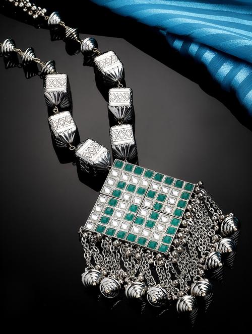 karatcart oxidised silver green kundan long rani haar necklace - 18635775 - Very Small Image - 1