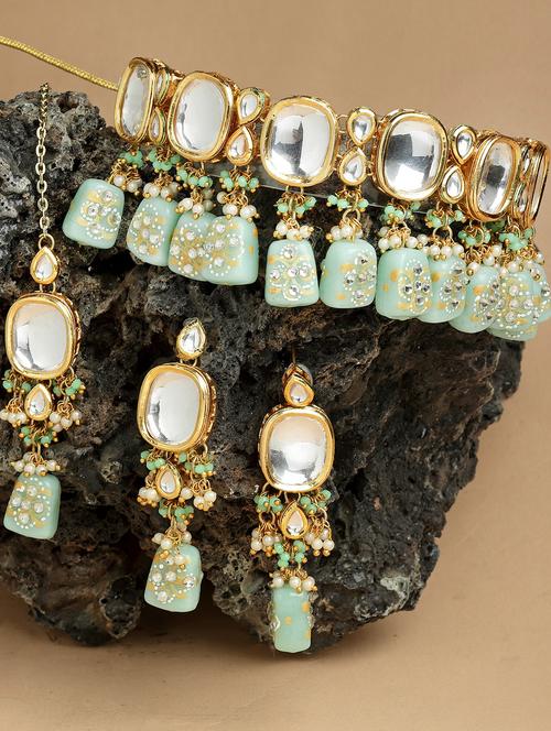 karatcart mint green designer tumble sqare polki kundan necklace set - 18635781 - Very Small Image - 1