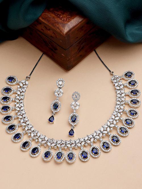 karatcart silver tone blue american diamond studded necklace set - 18635830 - Very Small Image - 1