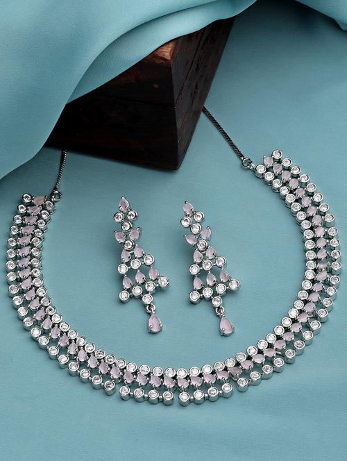 karatcart silver tone pink american diamond necklace set - 18635840 - Very Small Image - 1